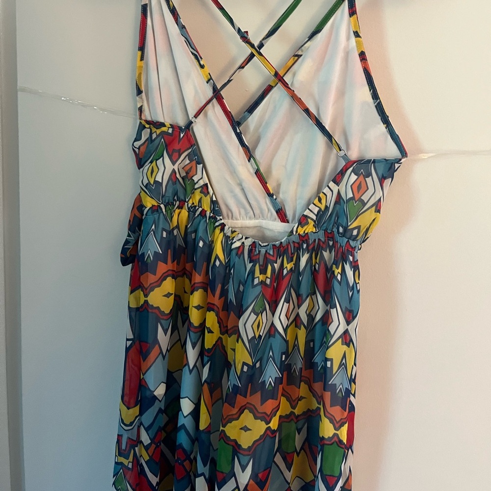 Blue and Yellow Geometric One Piece with Criss-Cross Straps